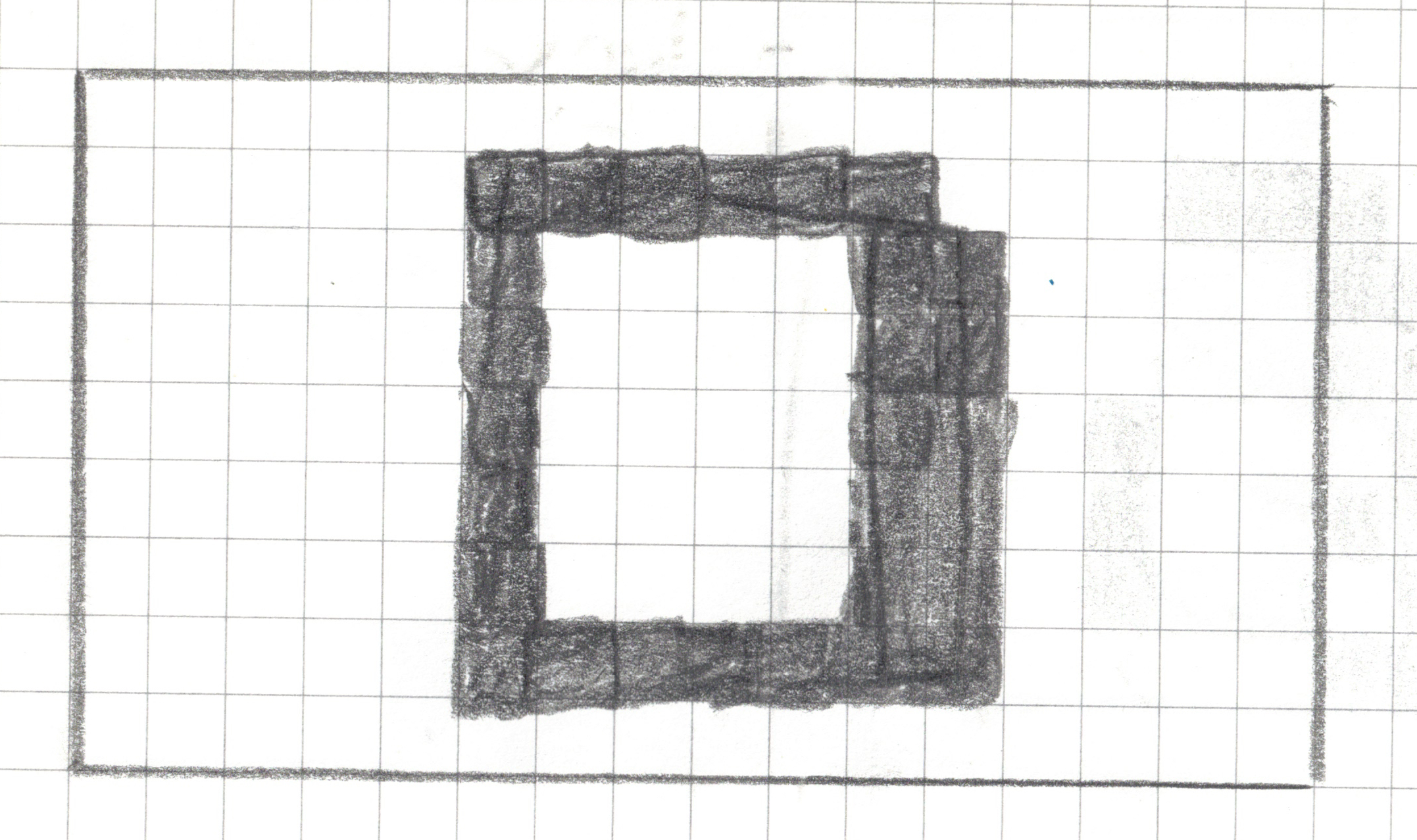 A pixel art design drawn in pencil on a 16x9 graph paper grid. Columns and rows are not labeled but for the purposes of this alt text assume that the columns are labeled a-p, rows 1-9. The irregular shape consists of various shades of gray pencil markings, with some internal white (unshaded) cells. Shaded cells include f2, g2, h2, i2, j2, k2, f3, k3, l3, f4, k4, l4, f5, k5, l5, f6, k6, l6, f7, k7, l7, f8, g8, h8, i8, j8, k8, l8