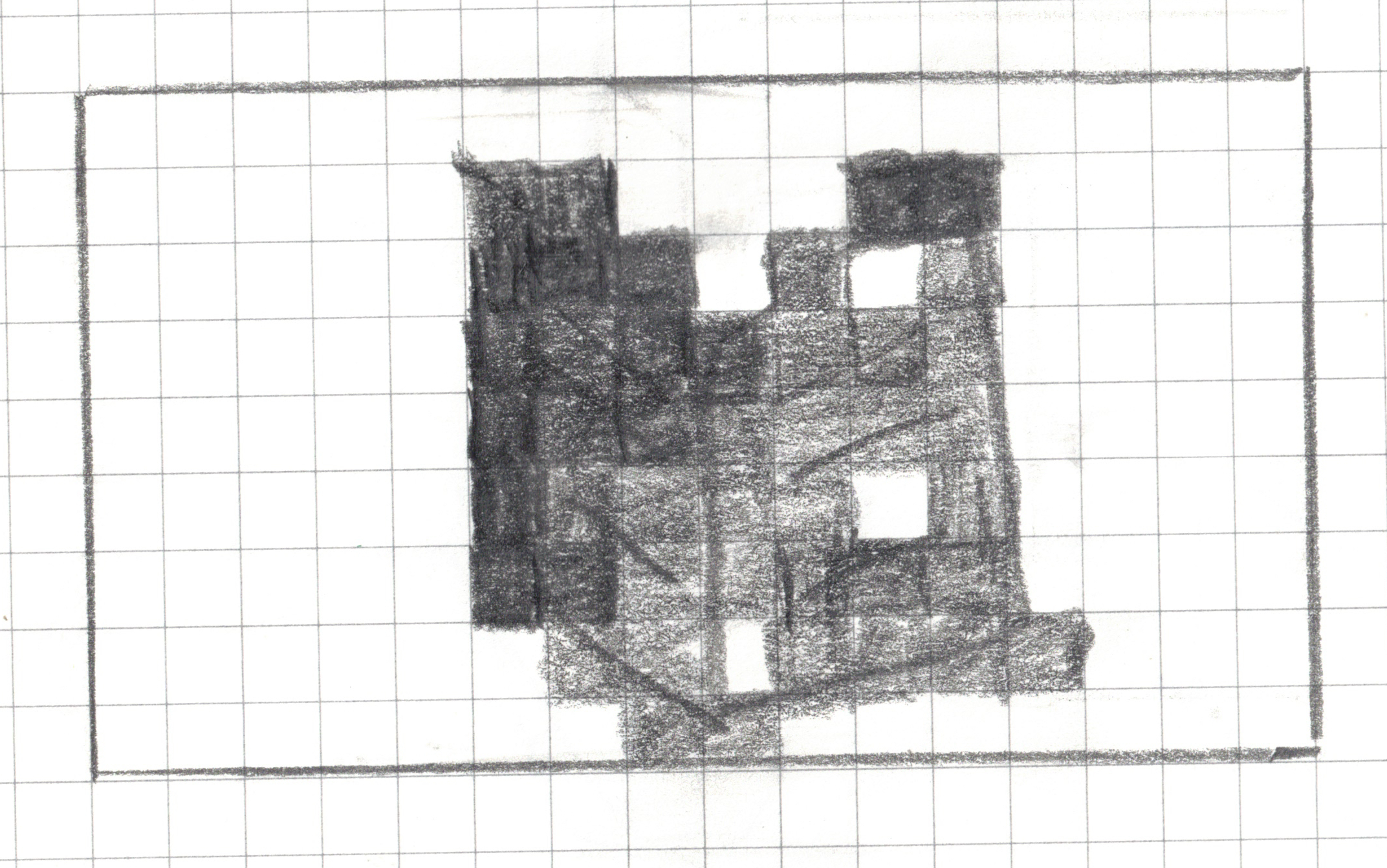 A pixel art design drawn in pencil on a 16x9 graph paper grid. Columns and rows are not labeled but for the purposes of this alt text assume that the columns are labeled a-p, rows 1-9. The irregular shape consists of various shades of gray pencil markings, with some internal white (unshaded) cells. Shaded cells include f2, g2, k2, l2, f3, g3, h3, j3, l3, f4, g4, h4, i4, j4, k4, l4, f5, g5, h5, i5, j5, k5, l5, f6, g6, h6, i6, j6, l6, f7, g7, h7, i7, j7, k7, l7, g8, h8, j8, k8, l8, m8, h9, i9.