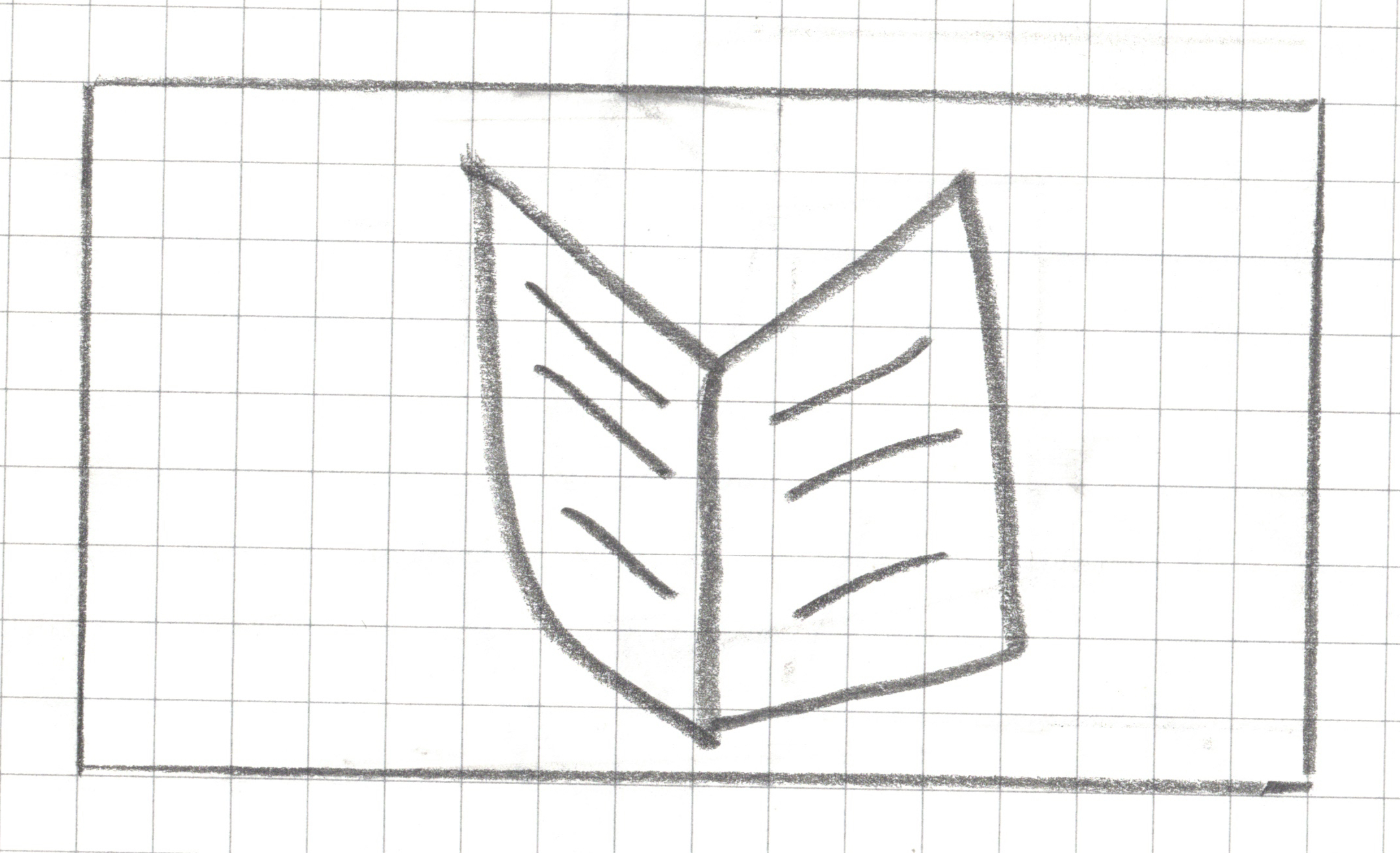 A hand-drawn pencil sketch on graph paper, enclosed in a rectangular border, showing a simple open book icon drawn in pencil — two symmetrical curved pages spread open at a central spine, with diagonal lines on each page representing text