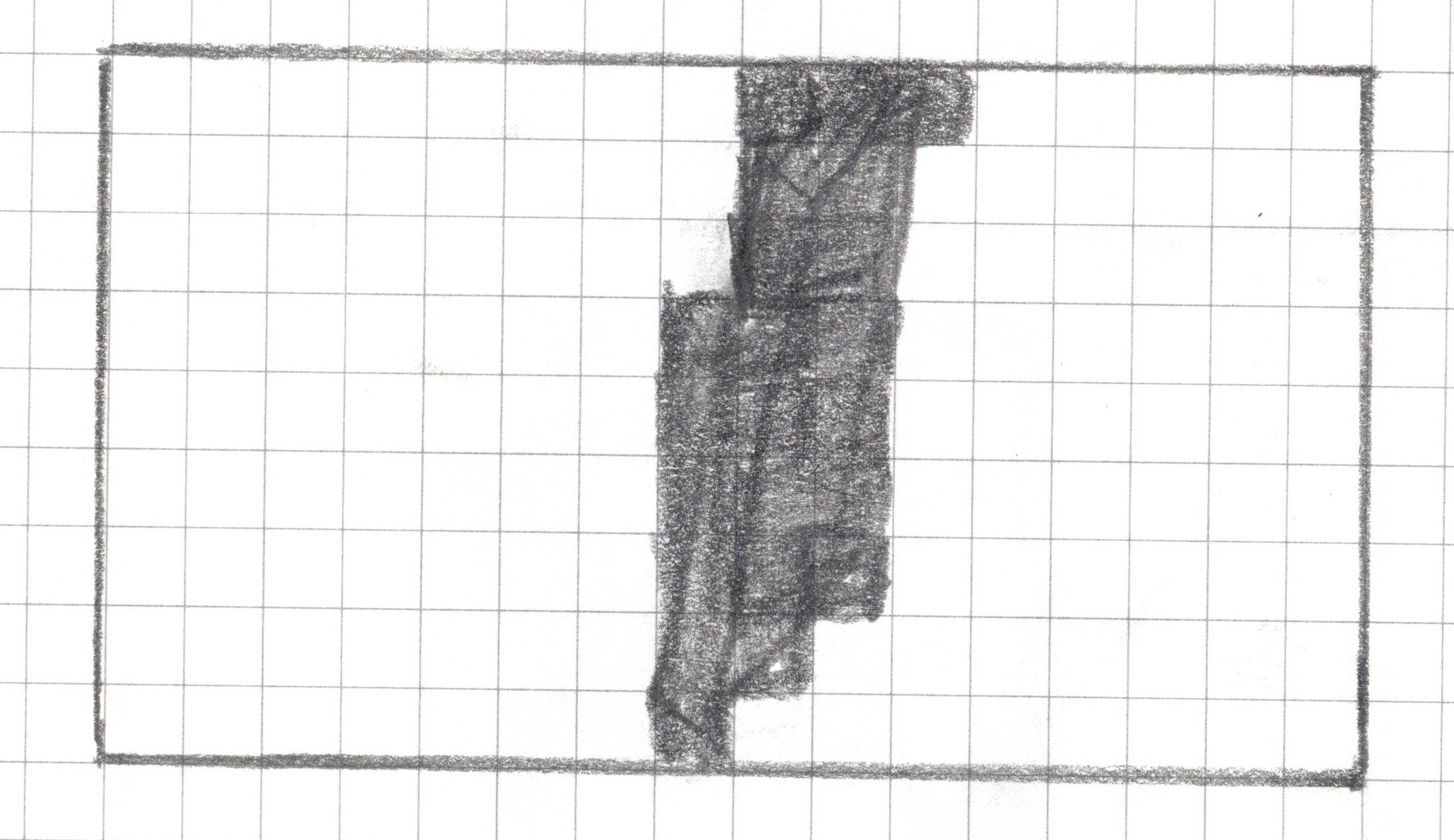 A pixel art design drawn in pencil on a 16x9 graph paper grid. Columns and rows are not labeled but for the purposes of this alt text assume that the columns are labeled a-p, rows 1-9. The irregular shape consists of various shades of gray pencil markings, with some internal white (unshaded) cells. Shaded cells include i1, j1, k1, i2, j2, i3, j3, h4, i4, j4, h5, i5, j5, h5, i6, j6, h7, i7, j7, h8, i8, h9