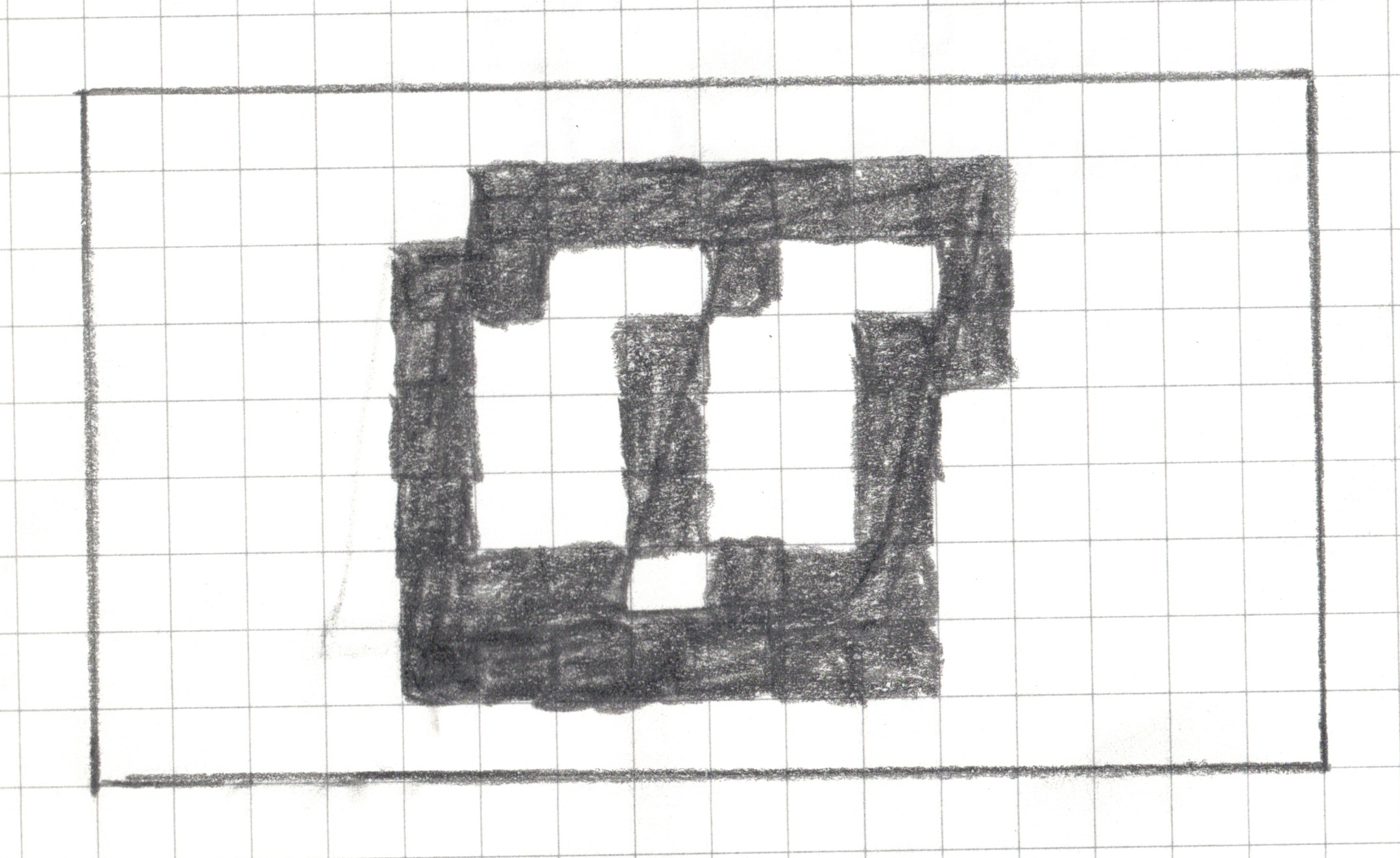 A pixel art design drawn in pencil on a 16x9 graph paper grid. Columns and rows are not labeled but for the purposes of this alt text assume that the columns are labeled a-p, rows 1-9. The irregular shape consists of various shades of gray pencil markings, with some internal white (unshaded) cells. Shaded cells include f2, g2, h2, i2, j2, k2, l2, e3, f3, i3, l3, e4, h4, k4, l4, e5, h5, k5, e6, h6, k6, e7, f7, g7, i7, j7, k7, e8, f8, g8, h8, i8, j8, k8