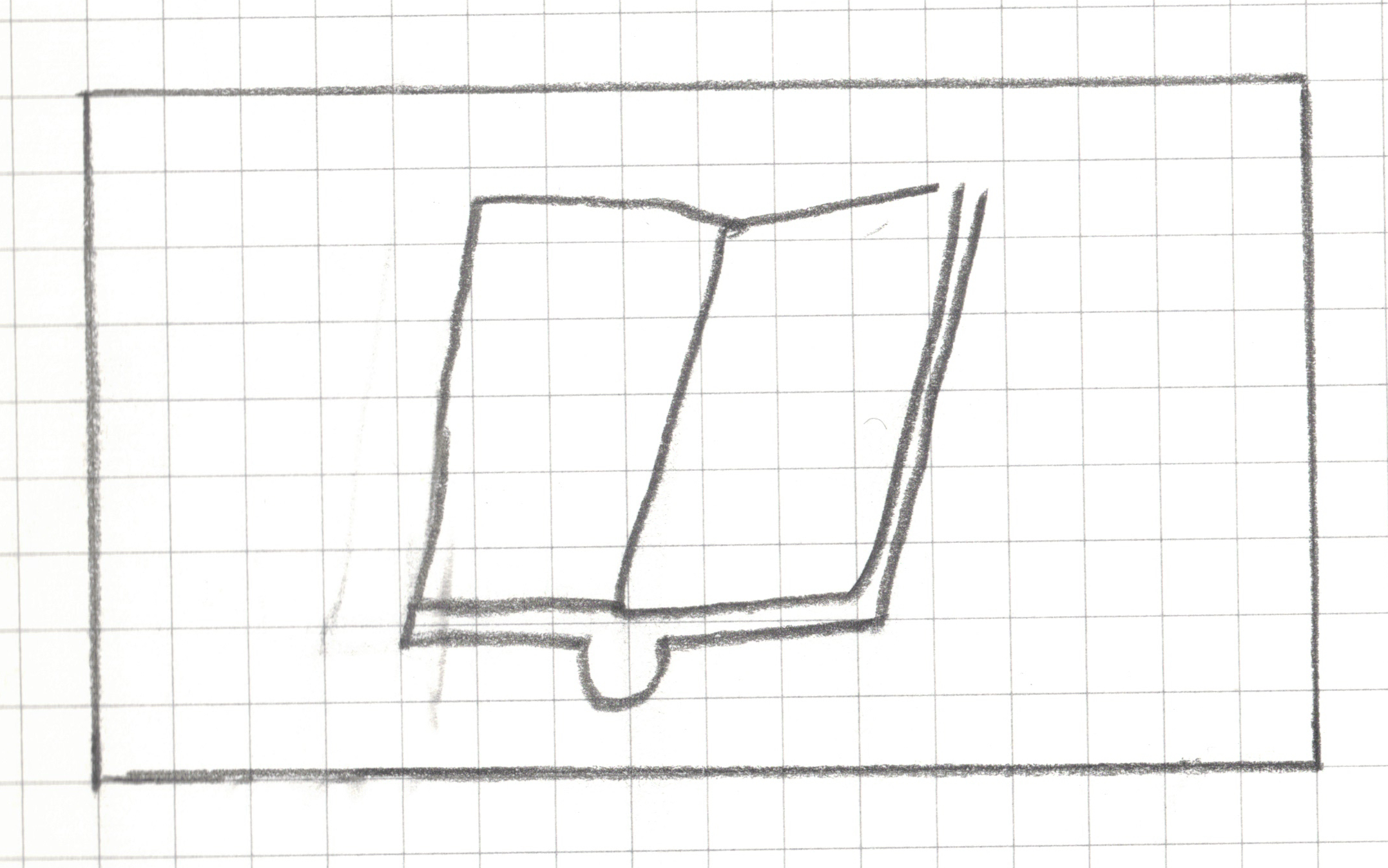 an open book or journal viewed from a three-quarter perspective, tilted slightly to the right. The book is split by a central line for the spine, with both pages completely blank inside. Along the bottom edge of the spine, a small U-shaped loop curves downward.